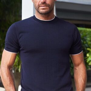 NEW Collars & Co Navy Blue Wool Cotton Amalfi Luxe Tee Medium